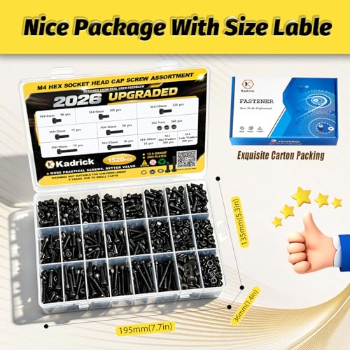 Kadrick M4 Screws Kit 1520PCS, M4x6MM-25MM Bolts with Nuts,Washers & Hex Wrench, Optimized Size Distribution, Class 12.9 Socket Head Cap M4 Screws, Black Zinc Plated, for Mechanical, Repair & DIY - size: M4 1520Pcs