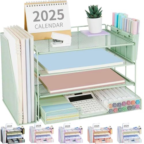 OPNICE Desk Organizer, 4-Tier Desktop File Organizer with Drawer and Pen Holders, Office Desk Accessories, File Sorters, Workspace Organizers for Office Supplies(Green) - color: Green, size: 4T