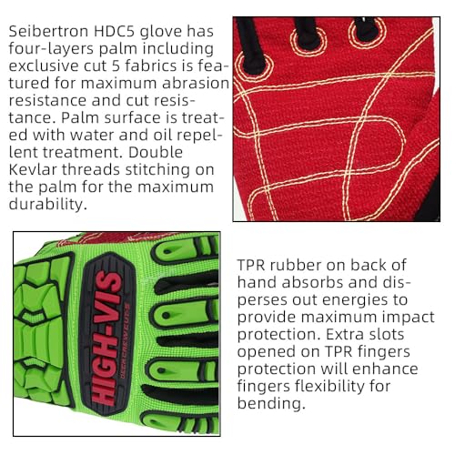 Seibertron High-Vis Series Cut Resistant Reducing Anti-Impact Mechanics Heavy Duty Safety Rescue Oil and Gas Gloves - color: Green-hdc5 En388 4544ep Cut Resistant, size: Small (Pack of 1)