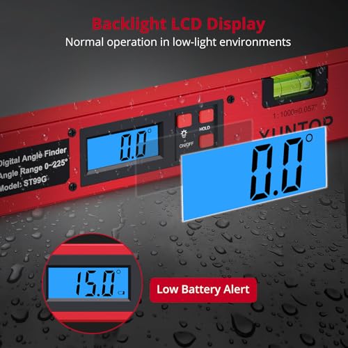 XUNTOP 0-225°/0.5° Digital Angle Finder 16” Aluminum Angle Measuring Tool with Horizontal&Vertical Bubbles Digital Protractor with LCD Display for Woodworking, Construction, Machinery