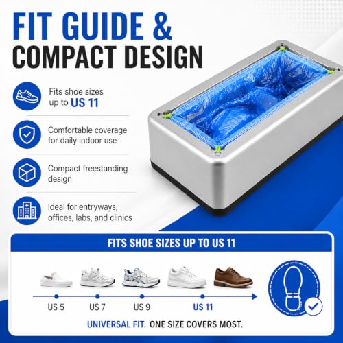 Shoe Covers Dispenser with 200 Pcs (100 Pairs), Disposable Non-Slip Covers, Automatic Shoe Cover Machine deal for House, Hands-Free Design, Fits Most Sizes, Office, Hospital Floor Protection (Silver)