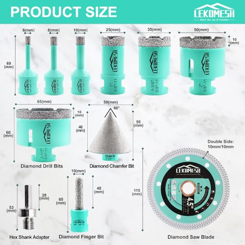 Tile Hole Saw Kit - (6/8/10/25/35/50/65mm+10mm Finger Bit+50mm Chamfer Bit+Adapter) and 4.5 Inch Diamond Saw Blade Cutting Disc Wheel