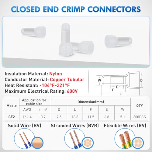 Nilight 300PCS CE2 Closed End Crimp Terminal 16-14 Gauge Nylon Insulated - color: 300PCS 16-14# Terminals