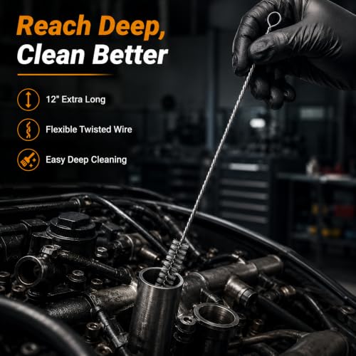 14PCS Tube Cleaning Brush Set, 7 Brass & 7 Stainless Steel Wire Brushes, 12-Inch Long Pipe Cleaner Kit, 7 Sizes Round Bore Brushes for Fuel Lines, Auto and Engine Parts