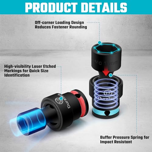DURATECH 3/8" Drive Impact Swivel Socket Set, 14 Pcs Shallow Wobble Sockets - style: 14 PCS SAE&Metric 3/8" Dr.