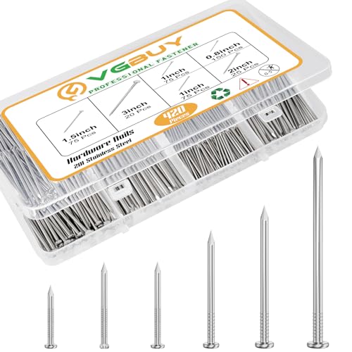 VGBUY 420PCS Stainless Steel Hardware Nails Assortment Kit, Up to 3 Inch Long Nails for Hangig Pictures, 6 Size Picture Hanging Nails, Small Nails, Wall Nails, Wood Nails, Finishing Nails - color: Silver, size: SS Hardware Nails Kit
