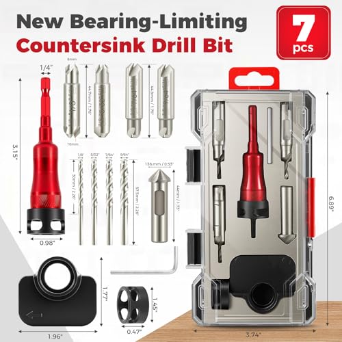 BURMONG 5-Piece Countersink Drill Bit Set with Bearing Depth Stop & Chamfer Tool, 1/4" Hex Shank Quick Change Bi-Directional Cutting Edges for Woodworking (with Adjustable Bearing Depth Stop) - style: With Adjustable Bearing Depth Stop