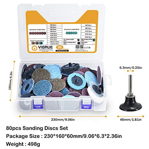 VIGRUE 80PCS 2 Inch Sanding Discs Set, Die Grinder Pad for Drill Die Grinder Accessories with 1/4" Shank Holder for Grind Polish Burr Finish Rust Paint Removal, Quick Change Discs