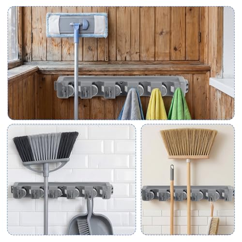 HOME MASTER HARDWARE (2 Pack 16 in Broom Mop Holder Garage Storage Organizer with 5 Racks 6 Hooks Adjustable Wall Mounted Storage Tool for Lanudry Garage Kitchen Garden