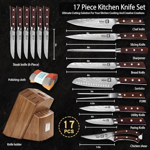 17-Pack kitchen knife set, wooden blocks,sharp high carbon stainless steel blades,hardwood handles,Sharpener,chicken bone clipper,microfiber towels,gift packaging,for families, restaurants, chefs. - color: Wooden
