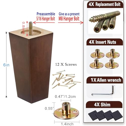 SHANJUE 6 Inch Wood Couch Legs - Sofa Legs Replacement for Dresser, 4PC - size: 6 inches