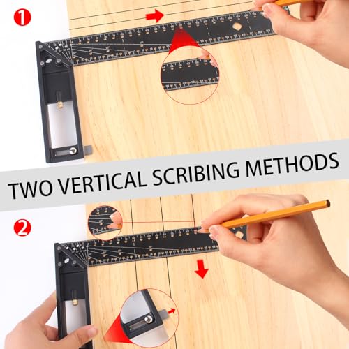 Woodworking Square Ruler, Precision 45/90 Degree Right Angle Ruler, Combination Square with Retractable Ledge and Scribe Mark Pin, Machinist Square Layout Tool for Framing, Marking, DIY