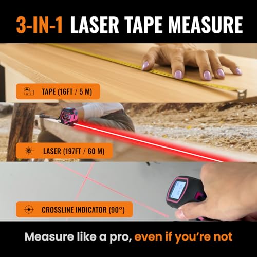 The Almighty Ruler Laser Tape Measure | Smart Range Finder | 196ft/ 60m - color: Pink, style: 60m