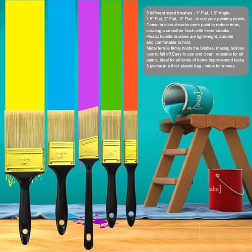 Great Andrew Paint Brushes, 5 Pack 1" 1.5" 2" 3" Flat 1.5" Angled - size: 5 PCS, 1",1.5",2",3"&1.5"A