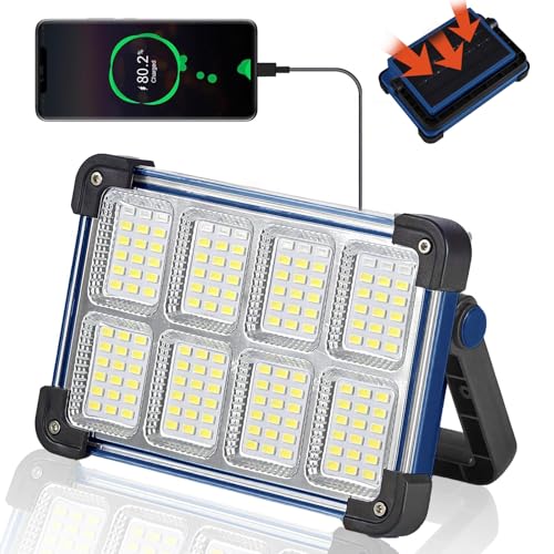120W Solar Rechargeable Work Light, 144 LED Portable Flood Light with Stand, IP66 Waterproof 4 Modes LED Job Site Lighting Flashlights for Mechanic Camping Fishing Car Repair - color: Blue