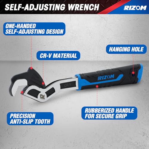 Rizom Self Adjusting Wrench, 8” and 12” Pipe Wrench, 2-Piece Self Adjustable Wrench Set with 3/8 to 1-3/4 inch Jaw Open - color: Blue