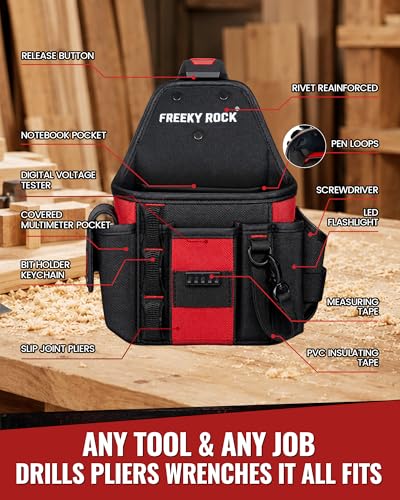Electrician Tool Pouch with Quick Detach Belt Clip, Heavy Duty Tool Belt Pouches with Notebook Pocket, Tape Measure Holder & Screwdriver Loops for Carpenter, Contractor, HVAC Tech & DIY - size: Large Pouch with Belt