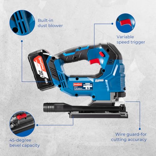 Dong Cheng 20V Brushless Cordless Jigsaw, 26mm Stroke, 800-3500 SPM Variable Speed, 4 Orbital Action, 0-45° Bevel Cut, Tool-Free Blade Change, LED Light, Dust Blower (Battery & Charger Not Included) - style: Bare Tool