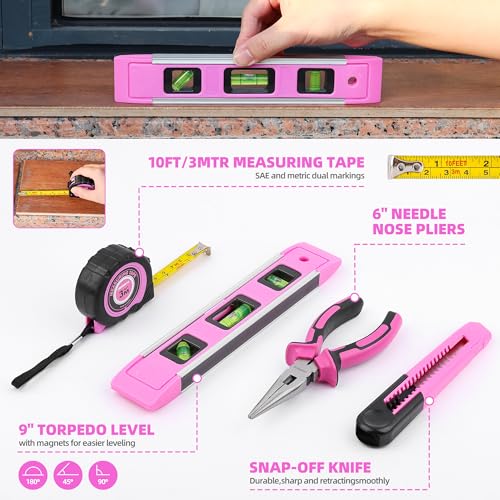 URASISTO 123 Piece Pink Household Tool Set with 3.6V USB Electric Screwdriver, Home Tool Kit with Cordless Lithium-ion Drill Driver, HandTool Kits for Women - size: 123 Piece