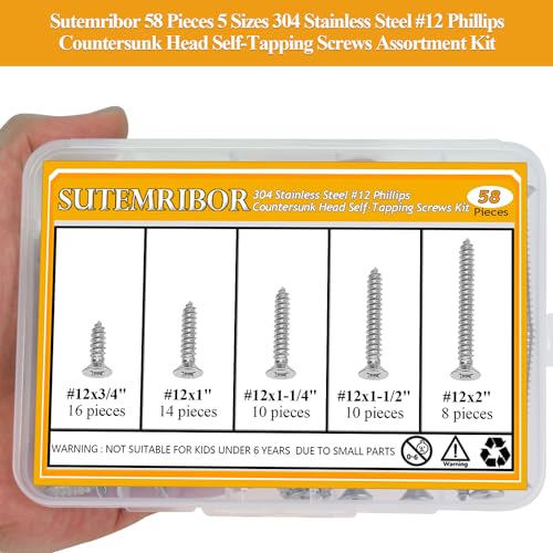 58 Pieces #12 x 3/4" 1" 1-1/4" 1-1/2" 2" Wood Screws Set, Phillips Countersunk Head #12 Self-Tapping Screws Assortment Kit, 304 Stainless Steel - size: #12, style: Phillips Countersunk Head
