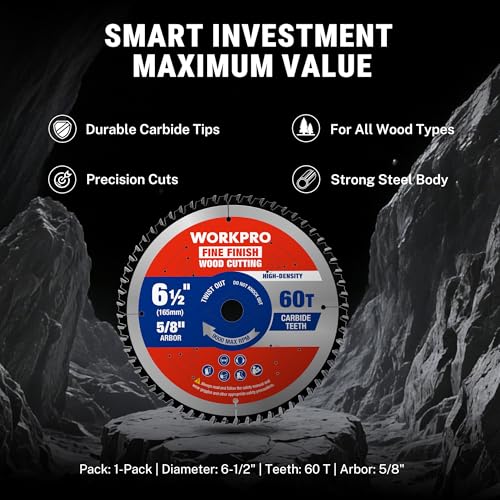 WORKPRO 6-1/2" Circular Saw Blade, 60T Fine Finish Wood Cutting | Trim & Smooth Finish Cuts, Thin Kerf Carbide Tipped ATB Teeth for Plywood, DIY Woodworking Projects, 1 Pack