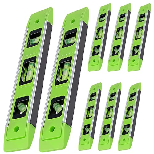 PINGEUI 8 PCS 9 Inch Torpedo Level, Magnetic Bubble Level with 45°, 90°, 180°Vials, Shock-Resistant Aluminum Small Spirit Leveler for Construction & DIY