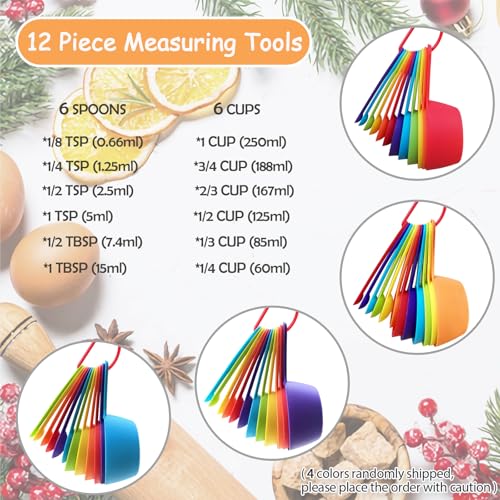12 Piece Measuring Cups and Spoons Set, Colored Kitchen Measure Tools, Durable Nesting Cups and Spoons for Dry and Liquid, Dishwasher Safe