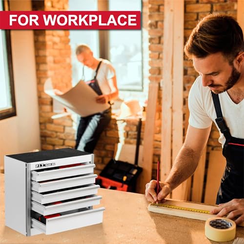 P.I.T. Mini Tool Box,Small Metal Toolbox Organizer with 5 Drawers,White | 8.6"W X 4.6"D Cute Size,Q235 Steel,Magnetic Locking Mechanism,PVC Drawer Liners - color: White, size: 5-Drawer