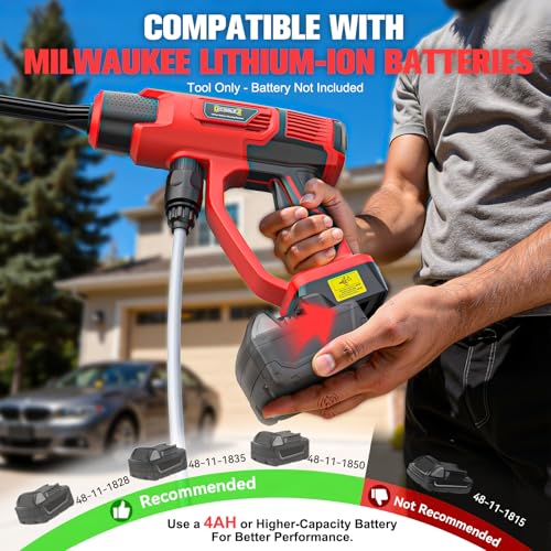 DIYtoolifz Cleaning Tool Compatible with Milwaukee 18V Battery, 2.2LBS, with 16.4ft Hose & 6-in-1 Nozzle + Attachment for Car, Patio, Fence (Battery not Included, Tool Only) - color: Red