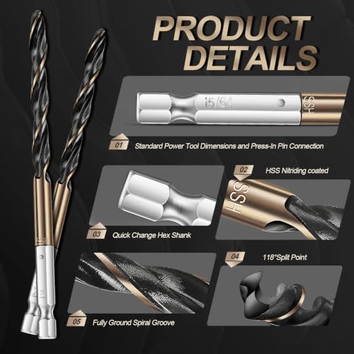 Hex Shank Drill Bit Set 13PCS, HSS Nitriding Coated, 1/16IN-1/4IN
