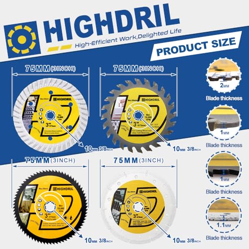 HIGHDRIL 3" 75mm Circular Saw Blade Set 4pcs for Soft Metal Copper Aluminum | Diamond/HSS/TCT Cutting Disc for Angle Grinder Cutting Soft Metal Copper Aluminum Granite Tile Plastic Wood - size: MIX 8