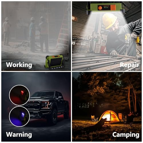 120W Solar Rechargeable Work Light, 144 LED Portable Flood Light with Stand, IP66 Waterproof 4 Modes LED Job Site Lighting Flashlights for Mechanic Camping Fishing Car Repair - color: Green