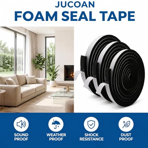 Jucoan 49 Feet Weather Stripping Foam Insulation Tape, 1 Inch Wide x 1/2 Inch Thick Self Adhesive Foam Seal Tape, High Density Door Seal Strip Window - size: 1 In x 1/2 In x 49 Ft