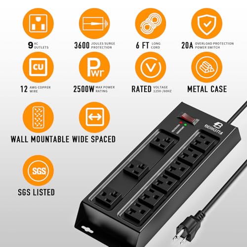 Heavy Duty Metal Power Strip, 20 AMP Surge Protector with 9 Outlets, 12 Gauge Industrial Strength for Shop & Garage Use, 6 FT Extension Cord Included, Durable T-Slot Design (6FT)