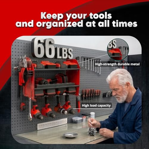 Heavy Duty Power Tool Organizer – 4 Drill Holders, Pegboard, Side Racks – Garage Storage Rack for DIYers – Metal Power Tool Shelf, Easy Install – Red