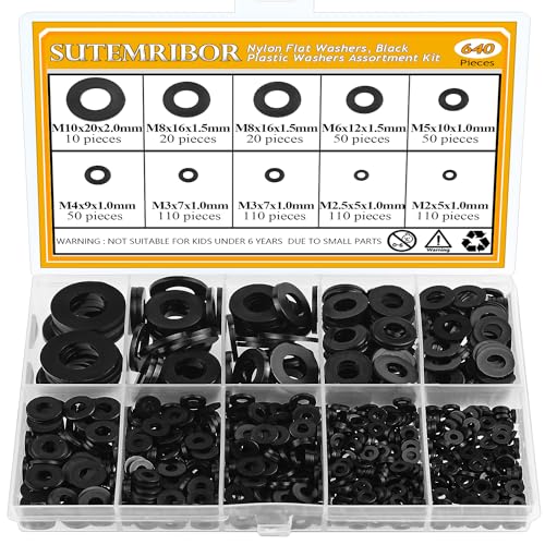 640 Pieces Black Nylon Flat Washers Assortment Kit, M2-M10, Nylon Metric & Flat Washers - color: Black Nylon
