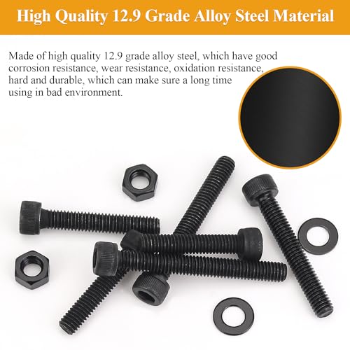 62-Piece M6 Hex Socket Head Cap Screws Nuts Washers Set - 30/35/40/45/50mm Long Black Assortment Kit - 12.9 Grade Alloy Steel, Fully Threaded - size: M6 Long Screws Kit, style: Socket Head