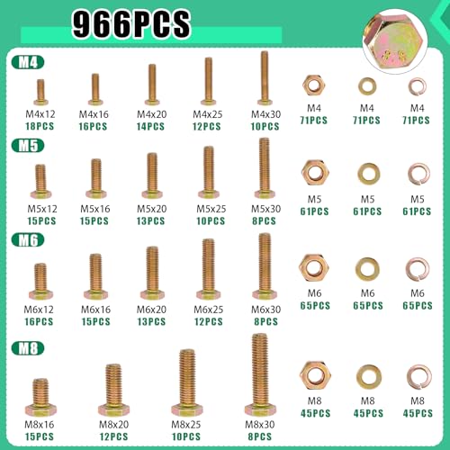 Twidec/966PCS Metric Bolt Assortment,Grade 8.8 Hex Head Bolts and Nuts Kit - color: Golden 966PCS M4 M5 M6 M8