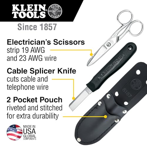 Klein Tools 46037 Cable Splicer's Kit with Electricans Scissors, Cable Splicer Knife and 2-Pocket Lather Pouch, Scissors with Wire Stripping Notches Strips 19 and 23 AWG Wire, 3-Piece