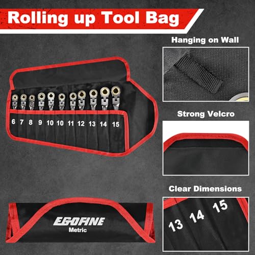 Egofine Flex Head Ratcheting Wrench Set 11 Piece, Metric Wrench Set, CR-V Steel 6-15mm Wrench, 72-Teeth Combination wrench set, Nickel Plating Ratchet Wrenches Set with Tool Roll Bag - size: Metric-11 piece set