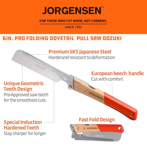 JORGENSEN Japanese Pull Saw, 6 Inch Pro Folding Dovetail Saw with Beech Wood Long handle, SK5 Steel Blade Tool-less Quick Change, 21TPI Cross Cut Woodworking Handsaw for Hardwood, Softwood - size: 6 Inch