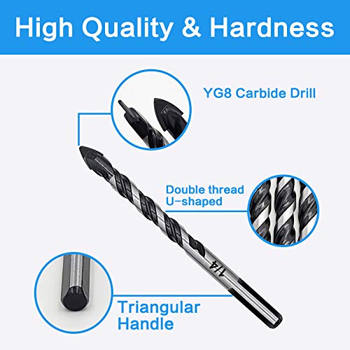 10-Piece Masonry Drill Bit Set for Concrete Tile Glass Ceramic Brick,1/8 to 1/2 Inch Drilling Bits with Triangle Handle,Tungsten Steel Alloy Tip.（Black） - size: 10 Piece 1/8"-1/2" Drill Bit Set