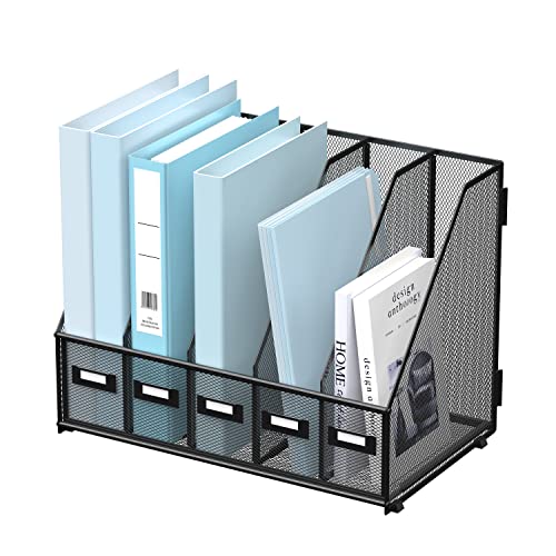 SUPEASY Desk Organizers Metal Desk Magazine File Holder with 5 Vertical Compartments Rack File Organizer for Office Desktop, Classroom, Home Workspace, Black - color: Black, size: Small