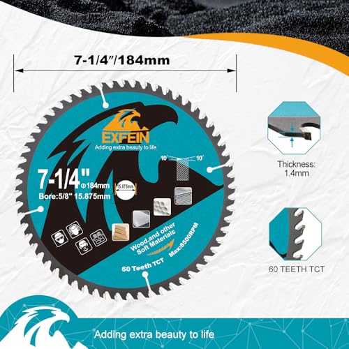 7-1/4 Inch Miter/Table Saw Blades 2pcs, 60 Teeth ATB TCT Fine Finish Wood Cutting Circular Saw Blade with 4/5 Inch Arbor - size: 184mm 60T