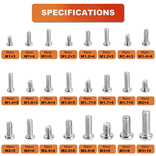 1200Pcs Phillips Pan Head Small Machine Scews,Tiny Screw,Small Bolts Pan Head Screw,Mini Screw Assortment Kit for Eyeglasses,Watches,Clocks,Mobile Phone