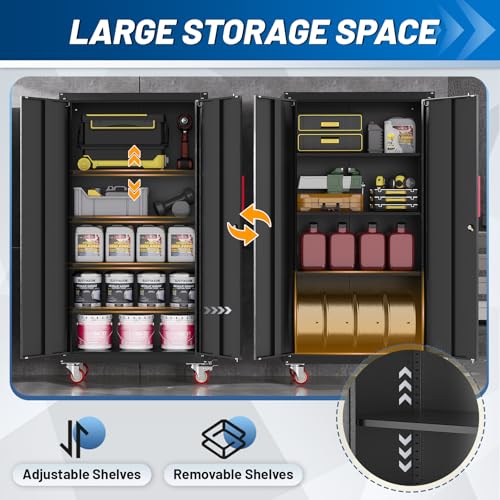 Metal Storage Cabinet with Wheels,71"H Garage Cabinets with 4 Adjustable Shelves + Lockable Door,Heavy-Duty Garage Cabinet and Storage System for Garage,Home Workshop & Office(200 lbs per shelf)