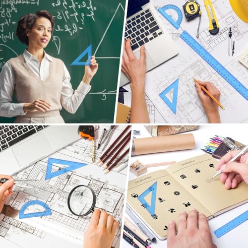 Plastic Clear Ruler Math Set, 6" | 12" Straight Ruler Protractor, 2 Protractors 180 Degree 2 Triangle Rulers 45 | 60 Degree 2 Straight Rulers Measuring Tool for School Office Home Supplie,Blue - color: Blue