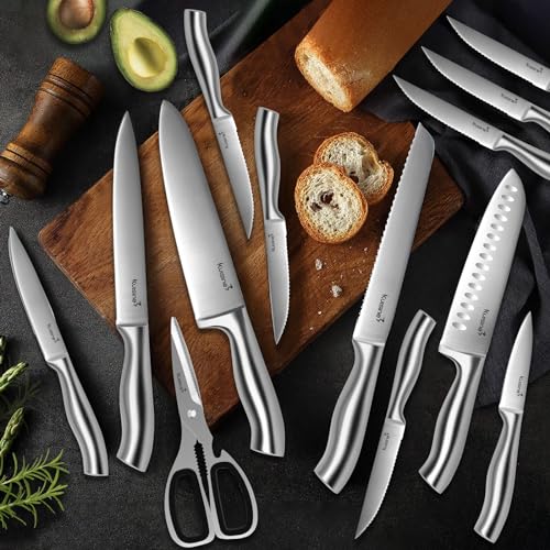 Kuisine Sharp Knife Set,One-piece Molding,Sharper Blade Ergonomic Non-slip Steel Handle,Block Knife Set Chef Knife Set with Built-in Sharpener(Black,15PCS) - color: ET Black