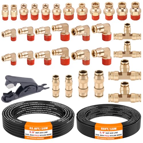 CheeMuii 32 Pcs Brass DOT Air Line Fittings with 1/4" & 3/8" DOT Air Hoses - size: 2ROLL-35PCS