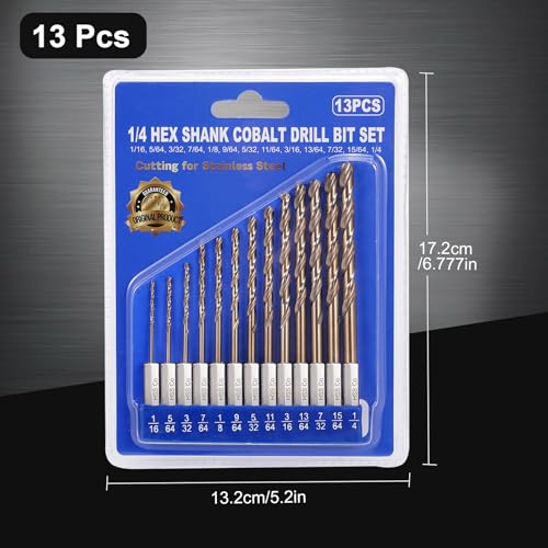 Hex Shank Cobalt Drill Bit Set for Metal and Hardened Steel, 13Pcs 1/16"-1/4" M35 HSS Twist Drill Bits for Impact Driver, with Index Holder - size: 13pcs 1/16-1/4